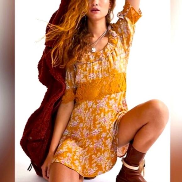 Free People Lucie Dress Lace Waist Shoulder Yellow Floral Antique Coin Combo 8 - Picture 1 of 9